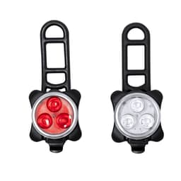 A bike light set featuring two lights, one red and one white, with black mounting straps. Each light has three bulbs.