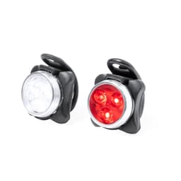 A bike light set featuring a white front light and a red rear light, both with a black mounting bracket.