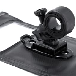 A black Nurbur Pouch with a mounting clip and adjustable holder, featuring a textured surface and a logo.