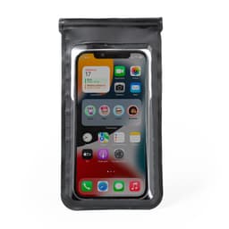 A black pouch with a transparent front, designed to hold a smartphone, featuring a logo.