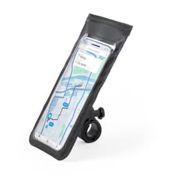 A black pouch with a transparent front, holding a smartphone displaying a map, features a mounting clip.