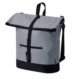 A grey and black bag with a fold-over top, adjustable strap, and a front zip pocket. It features a logo.