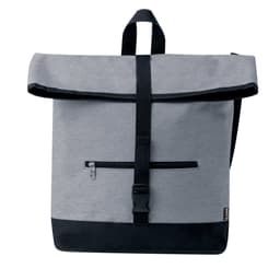 A grey and black bag featuring a roll-top design, adjustable strap, and a front zip pocket. It has a logo.