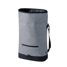 A grey bag with a black base, featuring a zippered front pocket and an adjustable shoulder strap. It has a logo.
