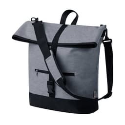 A grey and black messenger bag with a flap closure, adjustable strap, and front zip pocket. It features a logo.