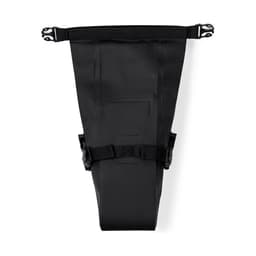 A black bag with adjustable straps and fasteners, designed for utility. It features a plain surface and has a logo.