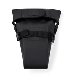 A black Hydoria Bag with a roll-top closure and adjustable straps. It features a simple design and has a logo.