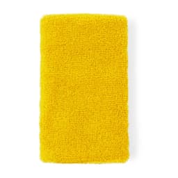A bright yellow cotton towel with a fluffy texture, featuring a rectangular shape. It has a soft and absorbent design.