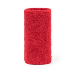 A red silicon wristband with a textured surface, featuring a branding logo.
