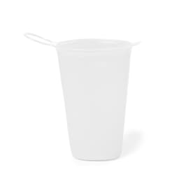 A drink bottle in translucent white plastic with a foldable design and handles. Features a branding logo.