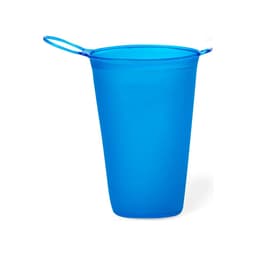 A drink bottle in a transparent blue colour with a foldable design and a handle. It features a logo.