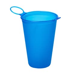 A blue foldable glass with a handle, made of plastic, suitable for drinkware. It features a branding logo.