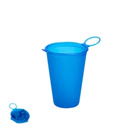A blue foldable cup made of plastic, featuring a handle and a collapsible design. Includes a logo.