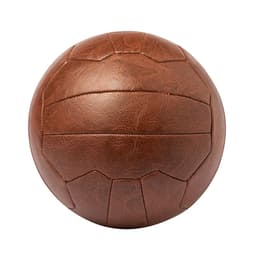 A brown leather sports ball with a textured surface, featuring distinct stitching patterns. Logos are present on the design.