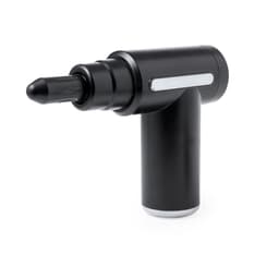 A handheld device in black with a sleek design and a rounded tip, featuring a silver accent and branding.
