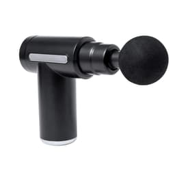 A massage gun in sleek black with a rounded black attachment, featuring a silver accent and ergonomic handle.