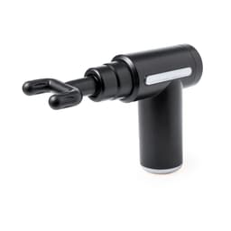 A black massage device with a trigger design, featuring a sturdy handle and a sleek finish. It has a logo on the side.