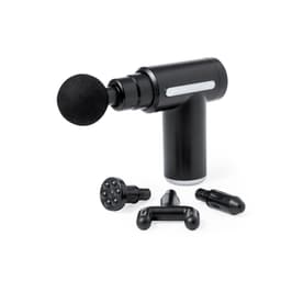 A black massage gun with four interchangeable attachments, designed for muscle relief and relaxation.