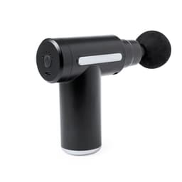A black massage gun with a rounded attachment and a button on the handle, featuring a simple, sleek design.