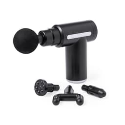 A black massage gun with four interchangeable attachments for various massage techniques. It has a sleek design and a logo.