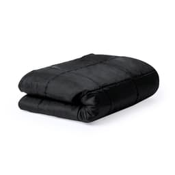 A black picnic blanket, neatly folded, featuring a quilted design and a smooth fabric texture.