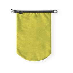 A yellow dry bag featuring a black strap and a buckle, with a logo on the top.