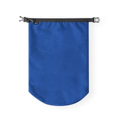 A blue dry bag with a black strap and buckle closure, featuring a logo. Ideal for waterproof storage.