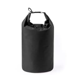 A black dry bag with a roll-top closure and a clip, designed for waterproof storage.