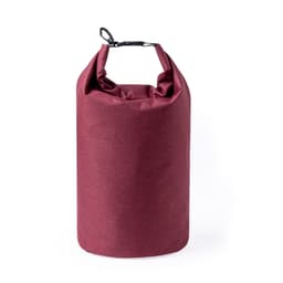 A maroon dry bag with a rolled top and a clip closure. It features a logo on the front.