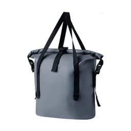 A grey dry bag with adjustable black straps and a top closure for secure storage. It features a logo on the surface.