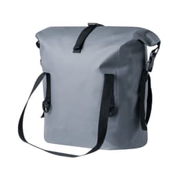 A grey dry bag with adjustable shoulder straps and a roll-top closure, featuring a logo.