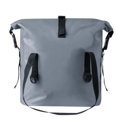 A dry bag in grey with adjustable straps and a secure buckle closure. It features a simple design and branding.