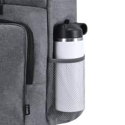 A grey backpack with a side mesh pocket holding a white drink bottle and a black lid. The backpack has a logo.
