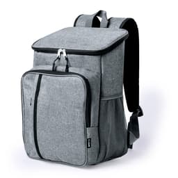 A grey backpack with a top compartment, front pocket, and side mesh pocket. It features a logo.