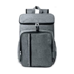 A grey cooler backpack featuring multiple zippered compartments and side mesh pockets. Includes a logo on the front.