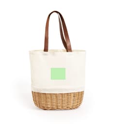 A cream and brown picnic basket with a woven base and fabric top, featuring handles for easy carrying.