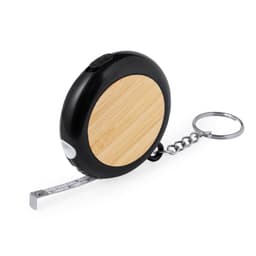 A black and wooden multi-tool tape measure with a keyring attachment. Features a retractable measuring tape.
