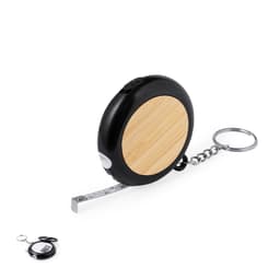 A black and bamboo multi-tool tape measure with a keyring attachment.
