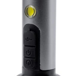 A silver torch with a clear lens, featuring a battery indicator and a USB charging port. It has a logo on the body.