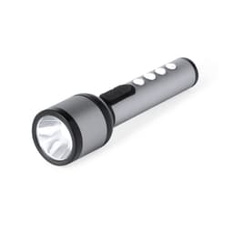 A silver torch with a black end, featuring buttons on the side for operation. Includes a branding logo.