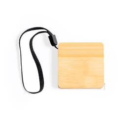 A wooden tape measure with a black strap. The design is sleek and square-shaped. It features a logo.