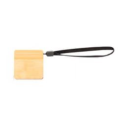 A square bamboo keyring with a black strap attached. The bamboo has a natural finish.