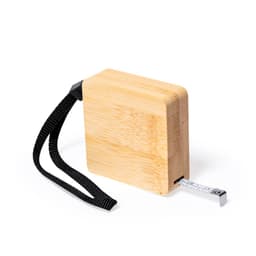 A bamboo tape measure with a black strap, featuring a measuring tape that extends from the casing.