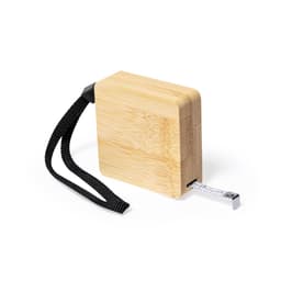 A bamboo tape measure with a retractable measuring tape and a black wrist strap. It features a logo on the side.