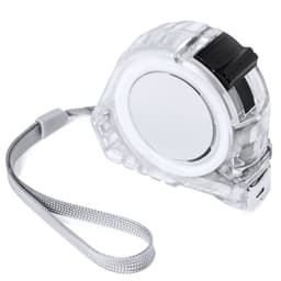 A transparent tape measure with a retractable mechanism, featuring a silver wrist strap and a simple black and white design.