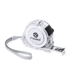 A transparent tape measure with a black and silver retractable mechanism and a wrist strap. It features a logo.