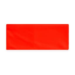 A bright red headband featuring a logo, designed for headwear use.