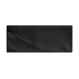 A black headband with a smooth finish and a logo featured on it. Suitable for headwear.