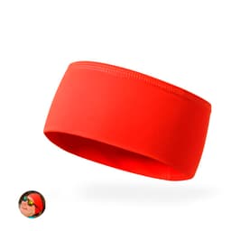 A red headband with a logo, designed for headwear. The headband features a smooth, stretchy fabric.