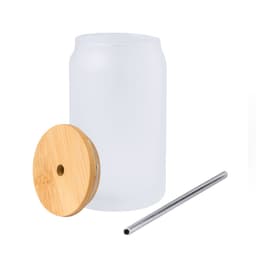 A glass drink bottle with a frosted finish, a bamboo lid, and a stainless steel straw. It features a logo.